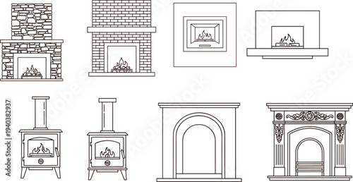 Collection of hand drawn fireplace line art icons featuring rustic brick stone wood burning stoves and modern minimalist hearth designs.