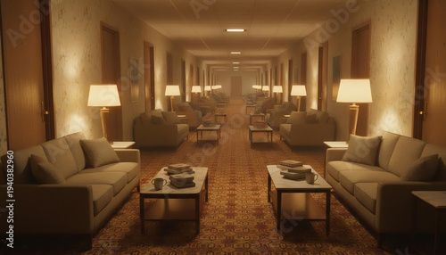 an endless hotel hallway with identical doors and patterned carpet, but random fully furnished living rooms appear in the corridor space between doors