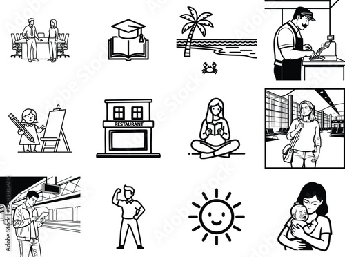 Set of 10 line icons vector, people, education, work, leisure
