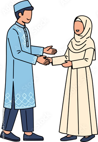 Muslim couple greeting each other with handshake