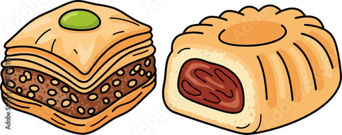 Selection of middle eastern desserts including baklava and maamoul