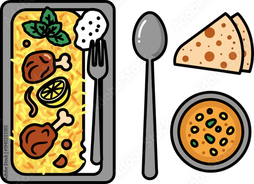 Top view of a traditional rice and chicken meal tray