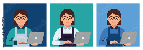 Three cartoon women with glasses working on laptops in different colored aprons and backgrounds