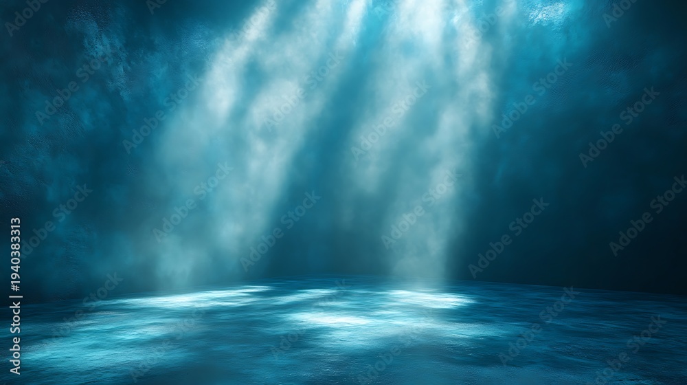 Fototapeta premium Numerous light rays cut through dense blue smoke creating a dynamic pattern on a reflective wet floor