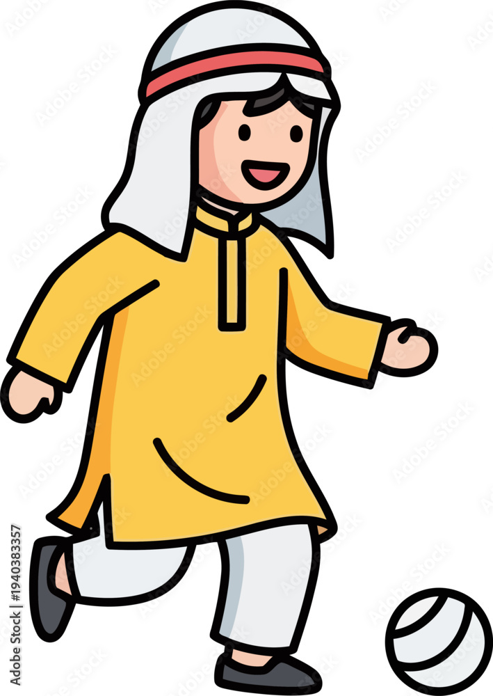 Obraz premium Young boy playing soccer in traditional thobe