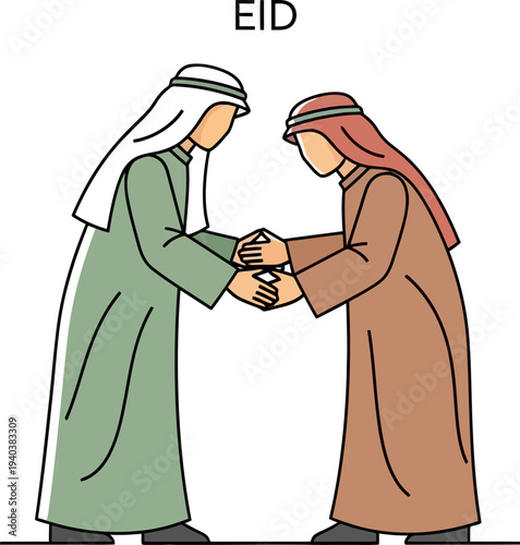 Two men in arab dress shaking hands for eid