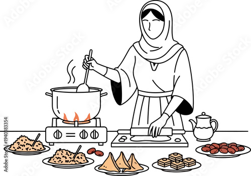 Woman in hijab cooking traditional ramadan meal