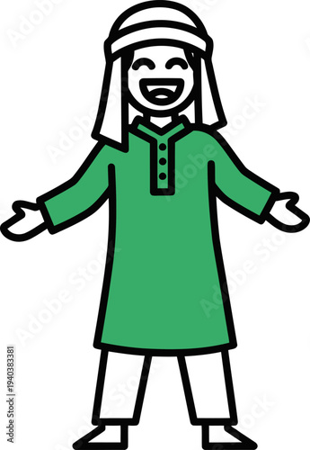 Young muslim boy in green tunic celebrating with open arms