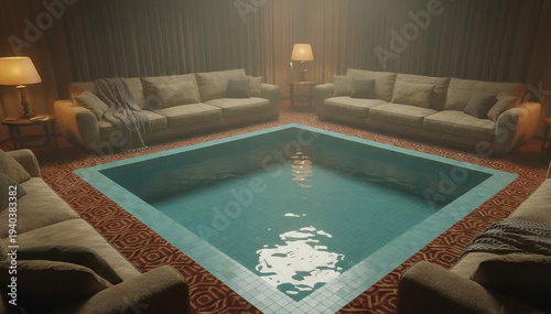 a large cozy living room with soft sofas and lamps, but a perfectly tiled swimming pool sits in the center of the room