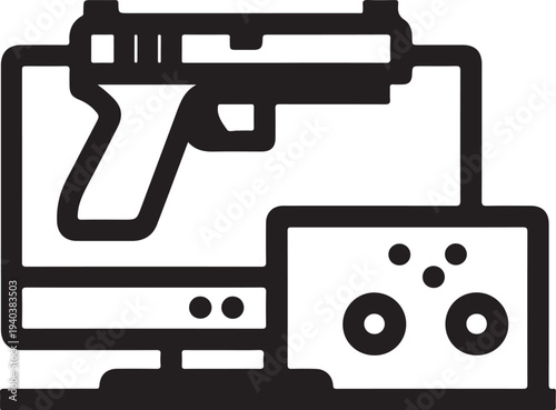 Online shooter game on computer screen with controller vector silhouette illustration
