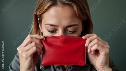 Woman examining red wallet while sitting against dark background  