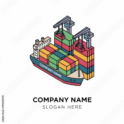 Cargo Ship with Containers and Crane Illustration.