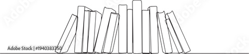 Row of books on a shelf line art. Minimalist black library illustration.