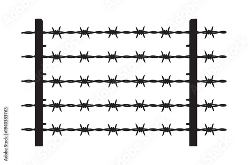 WebBarbed wire fence with razor wire coils silhouette. Prison boundary or military zone security fence vector illustration.