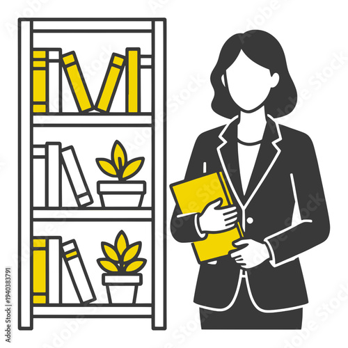 Professional Woman Holding Book Near Library Shelf UI Icon for Web Interface