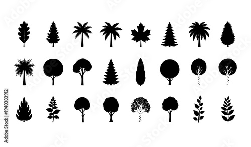 Plant and tree silhouette vector set with forest trees shrubs and botanical elements isolated on white background