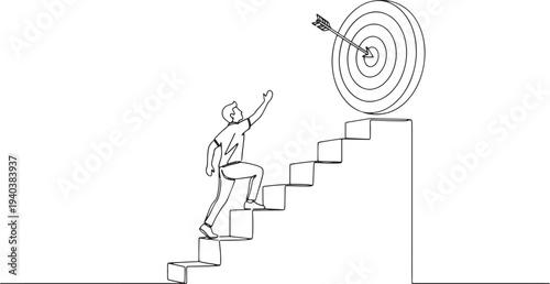 Man climbing stairs to reach a target. Black line art for success goals.