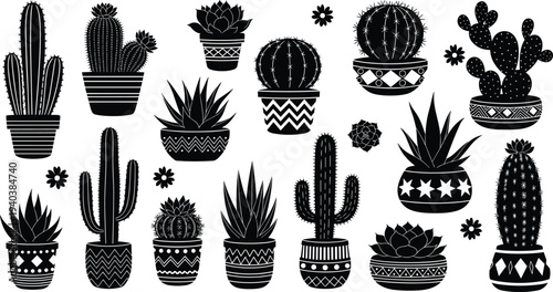 Vector set of black cactus and succulent silhouettes in decorative tribal patterned pots with small flower icons isolated on white background for minimalist design