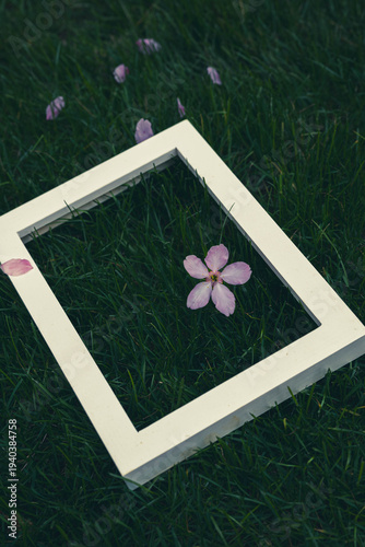 a empty frame with spring flower on the green grass