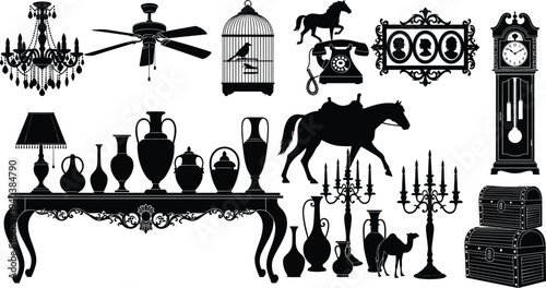 Vintage antique furniture and home decor silhouette collection featuring chandelier, ceiling fan, bird cage, grandfather clock, horses, classic table, vases, candelabras, and decorative trunks.