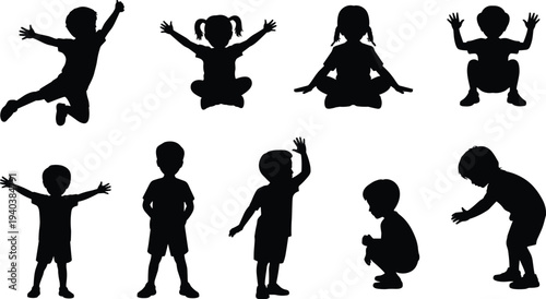 Children silhouettes jumping sitting standing and squatting poses collection, playful kids activity and body movement set isolated on white background