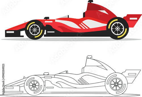 Modern Formula Racing Car Vector Illustration Featuring Red Sportscar Profile and Line Art Outline for Automotive and Speed Competition Design