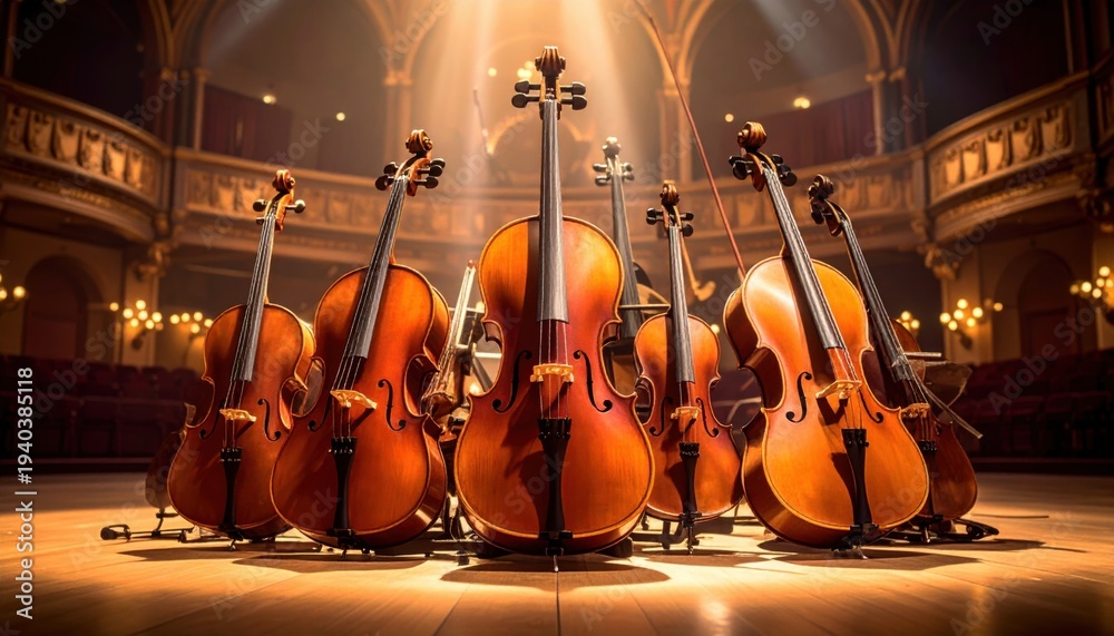Fototapeta premium A Baroque Collection of String Instruments, Including Violins and Cellos, Elegantly Arranged on a Concert Stage