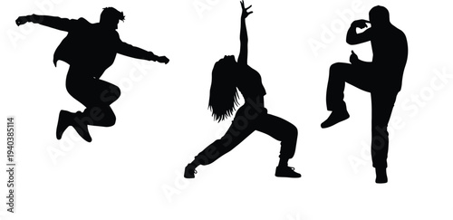 Active People Dance Silhouettes Set Featuring Hip Hop Street Dance and Contemporary Poses Energetic Movement Vector Illustration for Fitness and Arts