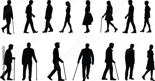 Collection of walking people silhouettes with canes and different poses, elderly men and women walking profiles, human movement set isolated on white background, vector style illustration