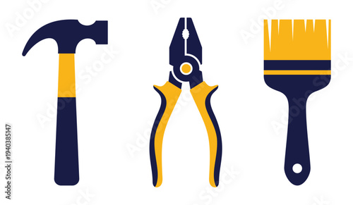 Handyman tools set with hammer pliers and paintbrush on white background for diy and construction projects
