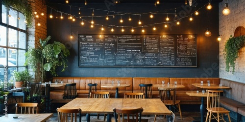 Cozy restaurant interior. Tables, chairs, menu boards, plants create warm atmosphere. Lighting adds inviting ambiance.