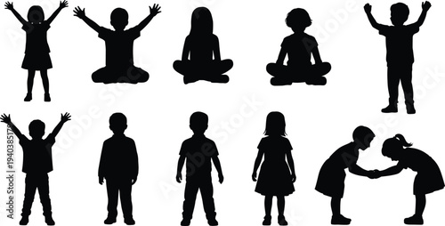 Children silhouettes standing sitting raising hands and greeting poses collection, playful kids activity and body language set isolated on white background