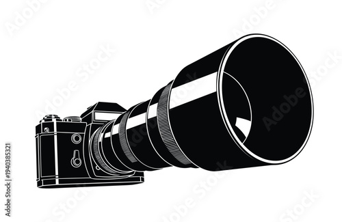 Vector vintage photo camera with zoom lens isolated on transparency grid background