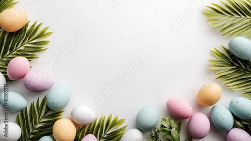 Colorful Easter eggs with green leaves on white background