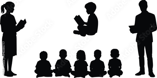 Teachers and children reading book silhouettes in classroom, kids sitting and listening story with male and female teacher isolated on white background