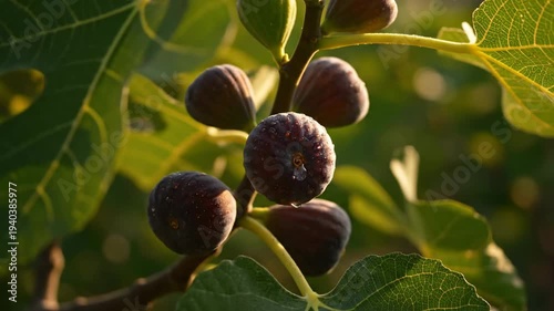 Close-up view of ripe purple figs growing on a fig tree branch with green leaves in natural sunlight.