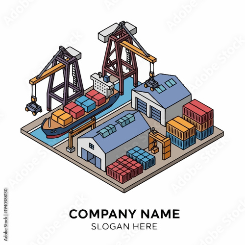 Isometric illustration of a busy industrial shipping port with cranes and cargo containers.