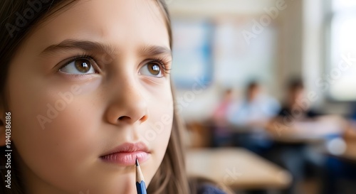 Close Up of Little Girl Thinking Deeply with Pencil