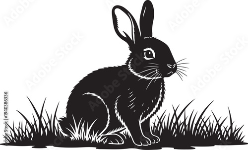 Black and White Illustration of a Rabbit Sitting