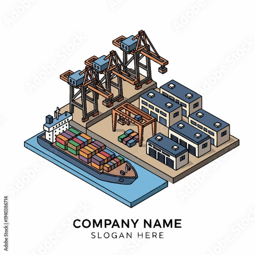 Isometric illustration of a cargo ship docked at a container terminal with cranes and warehouses.