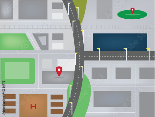 City map navigation. GPS navigator. Point marker icon. Top view, view from above. Abstract background. Cute simple design. Flat style vector illustration.