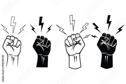 Four fists with lightning bolts emerging from them in a symbolic gesture