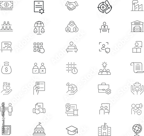 Law and justice icon set.Investigation, law, judgment, criminal, authority, court legal, related nailing, justice, prison.  Outline editable icons collection. Simple vector illustration.