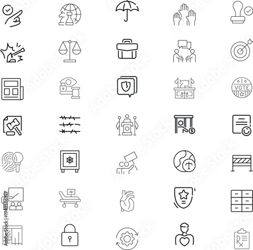 Law and justice icon set.Investigation, law, judgment, criminal, authority, court legal, related nailing, justice, prison.  Outline editable icons collection. Simple vector illustration.