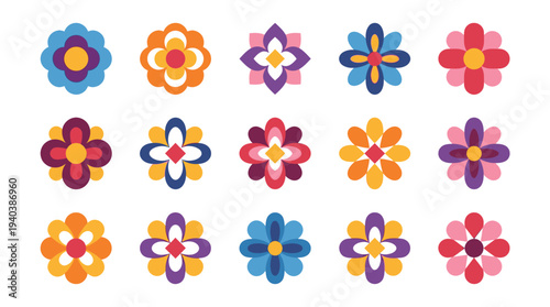 A delightful collection of 15 colorful floral vector graphics, showcasing vibrant geometric flower designs