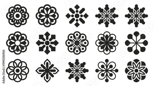 Collection of intricate black vector floral and geometric ornamental motifs, ideal for decorative design elements and abstract patterns for various projects