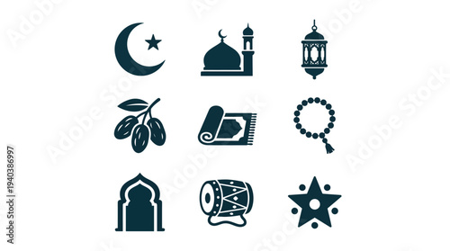 Elegant vector set of Islamic and Ramadan symbols, including crescent moon, mosque, lantern, dates, prayer mat, prayer beads, arch, drum, and star, perfect for cultural designs