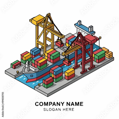 Isometric illustration of a busy shipping port with cranes and cargo containers.