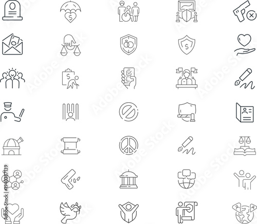 Law and justice icon set.Investigation, law, judgment, criminal, authority, court legal, related nailing, justice, prison.  Outline editable icons collection. Simple vector illustration.