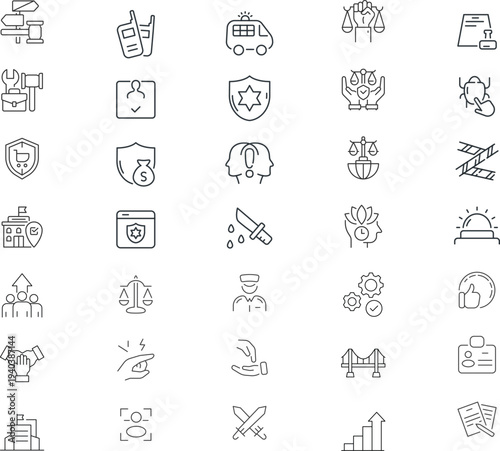 Law and justice icon set.Investigation, law, judgment, criminal, authority, court legal, related nailing, justice, prison.  Outline editable icons collection. Simple vector illustration.